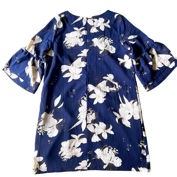 NWT BELONGSCI Womens V-Neck Bell Sleeve Shift Dress Mini Dress Navy Size Large - Picture 2 of 12